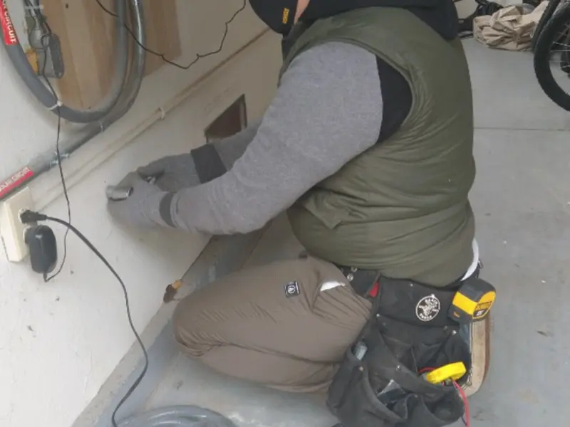 Electrician performing outlet wiring in a Brentwood garage